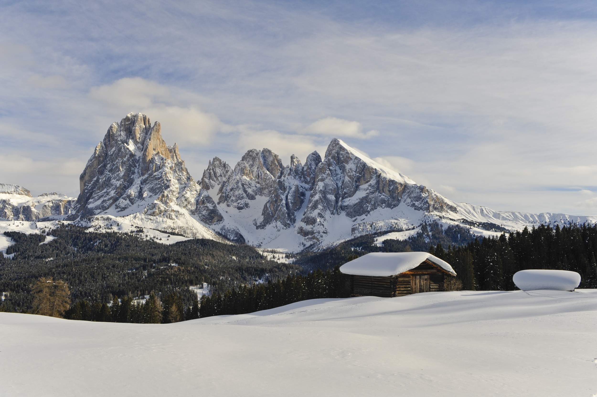 Snow-covered wooden huts, forests and meadows. In the background you can see the rocky Dolomites.