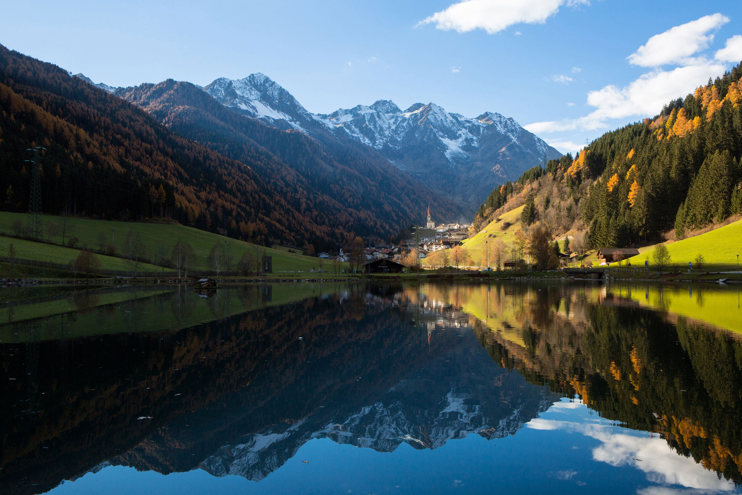 View from Lake Mühlwald also known as lake Meggima towards Mühlwald village
