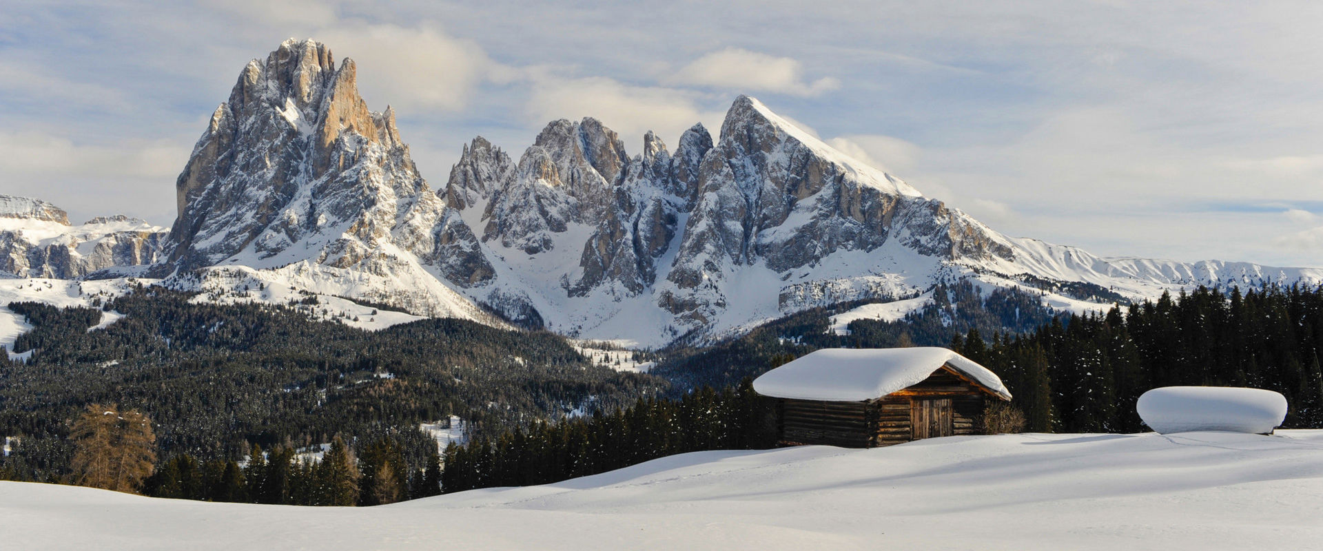 Winter on the Seiser Alm Winter panorama with snow-covered wooden hut and white mountain peaks
