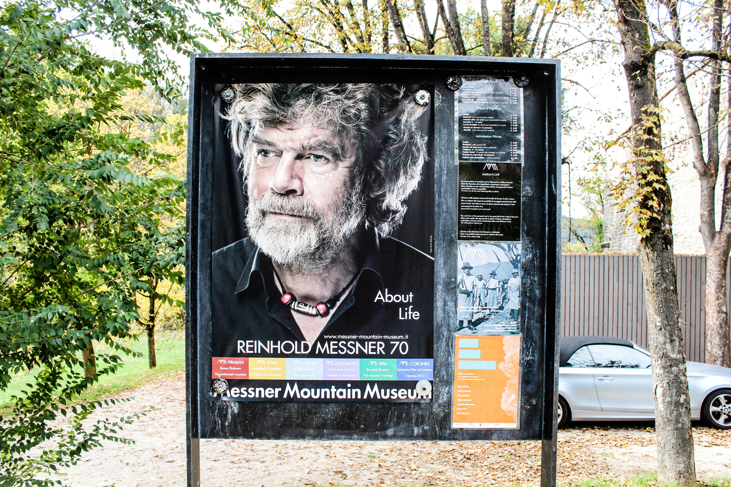 Photo of Reinhold Messner on a poster at the bus stop.