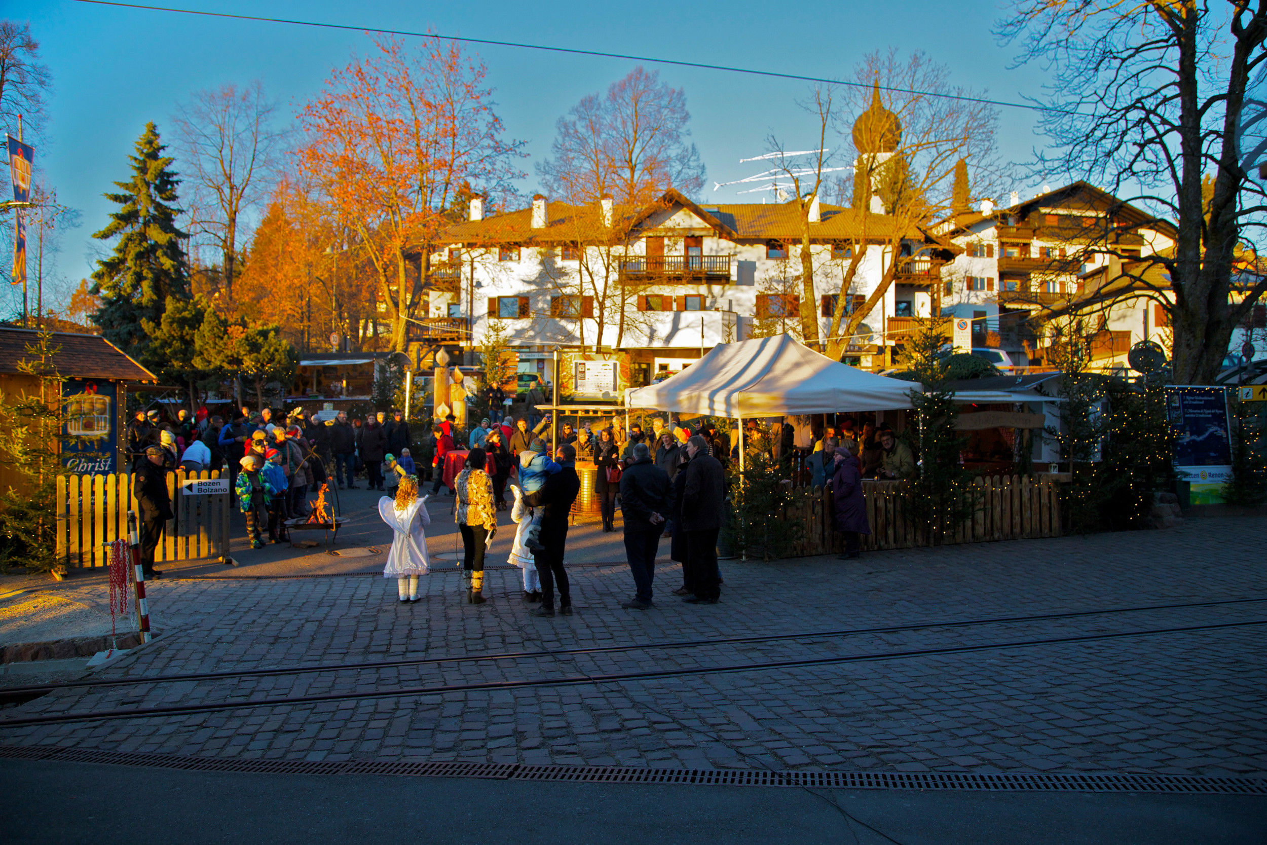 Christmas market in Oberbozen at sunset