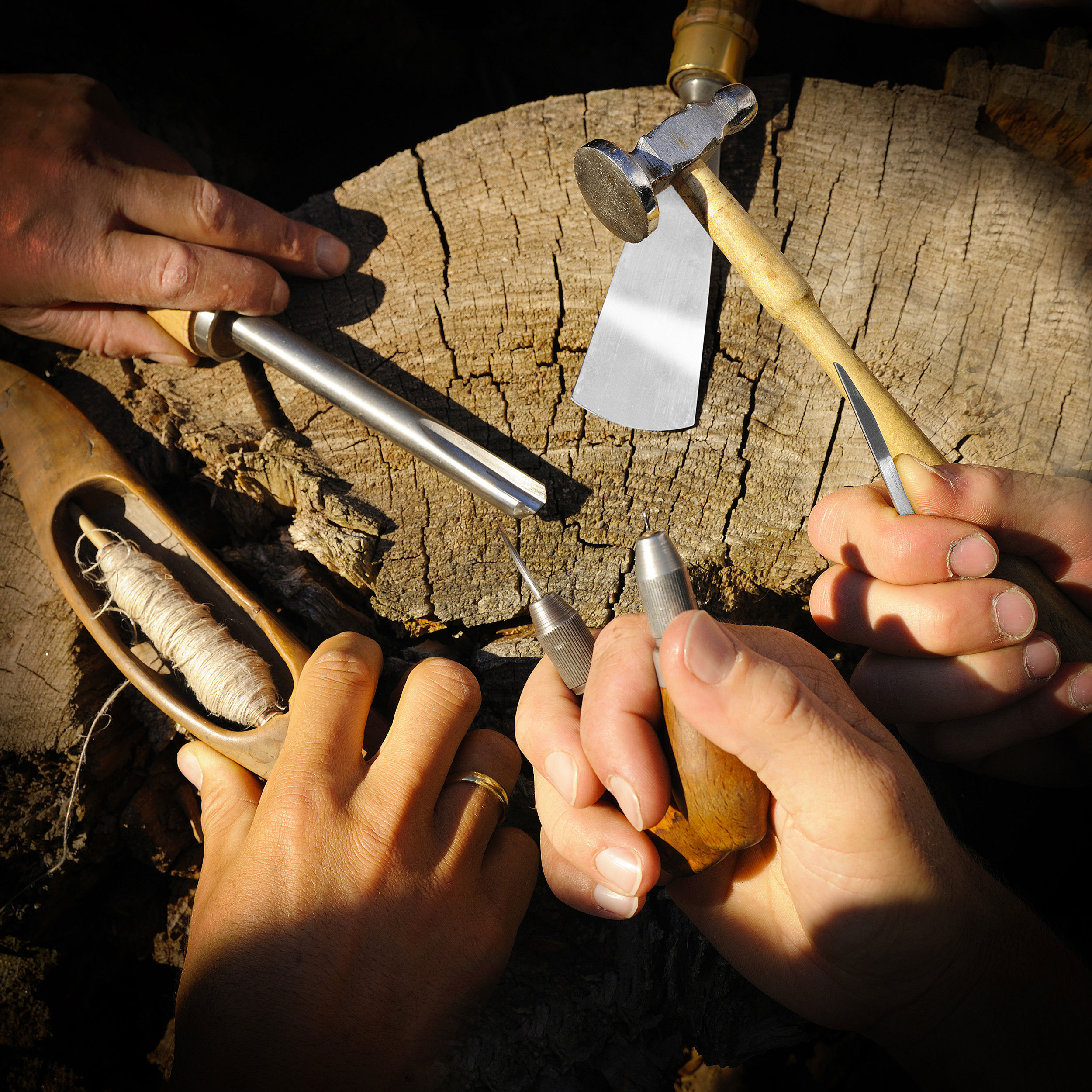 Several hands hold different tools.