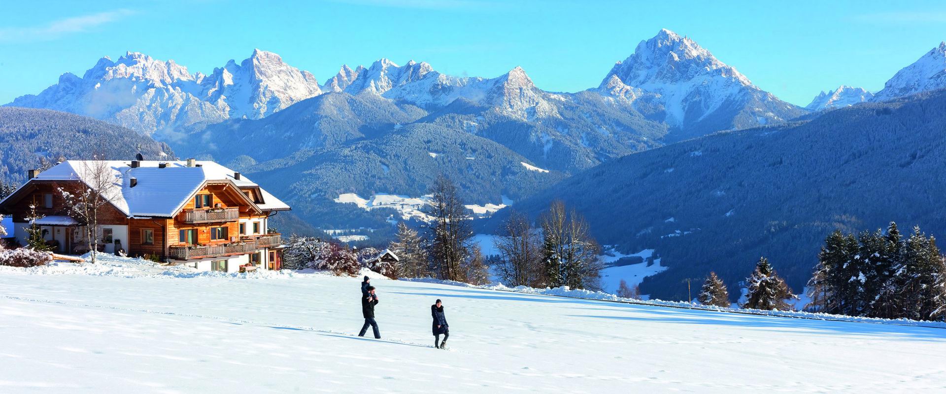 Winter walks A family of three strolls across the freshly snow-covered meadow.