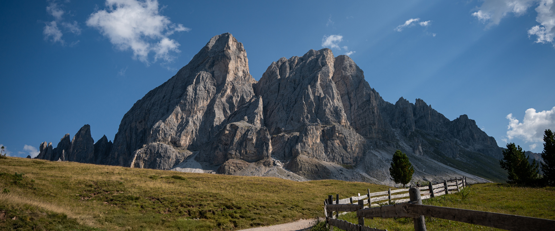 A striking mountain massif rises at the Würzjoch pass behind an alpine meadow with a few trees and a wooden fence