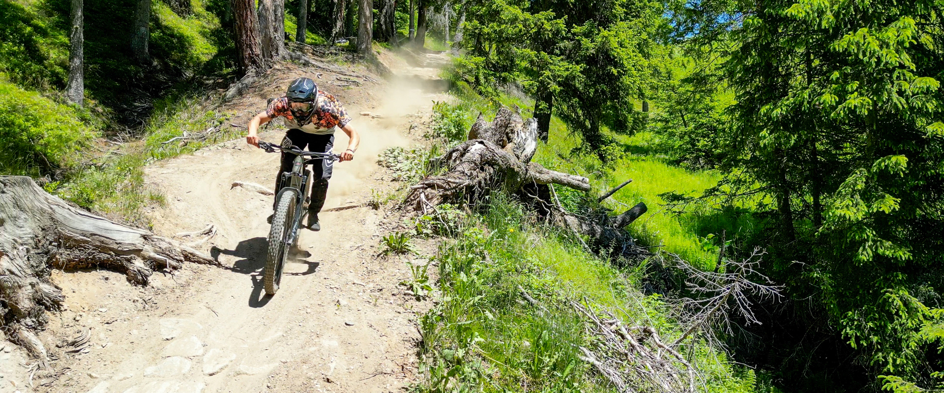 Mountain biker on adownhill run on  a trail in the Bike Park Corones