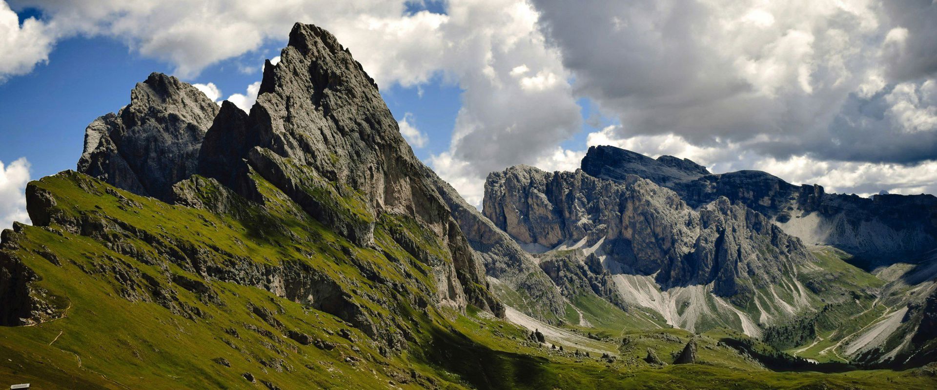 Seceda and other Dolomites peaks with pasture
